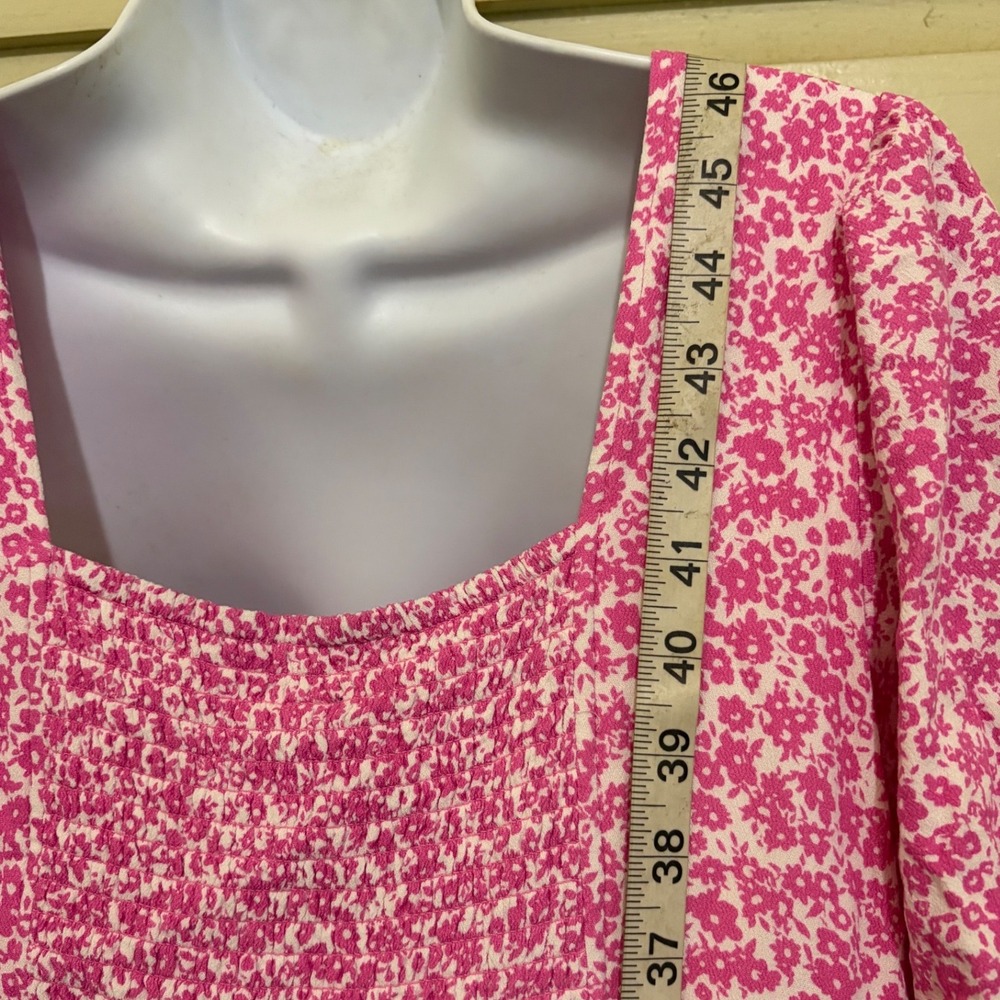 Ditzy Floral Midi Dress Pink White Button Down Front Smocked Back Boho Cottage - Picture 10 of 12